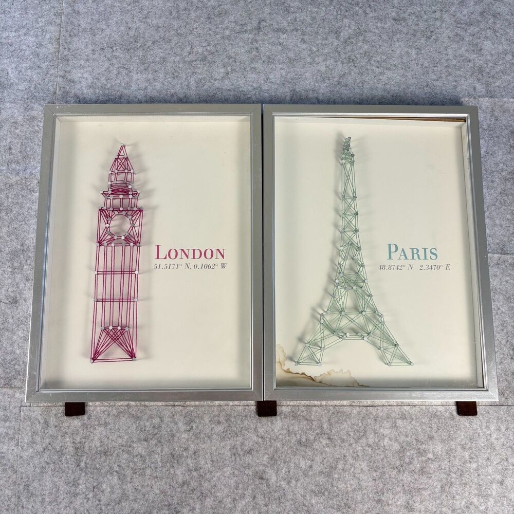 London Big Ben & Paris Eiffel Tower String Art Silver Framed Wall Decor Set of 2